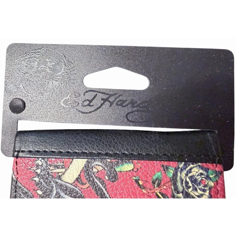 New Ed Hardy Men's Bifold Wallet Red Faux Leather Panther Dragon Heart Tattoo